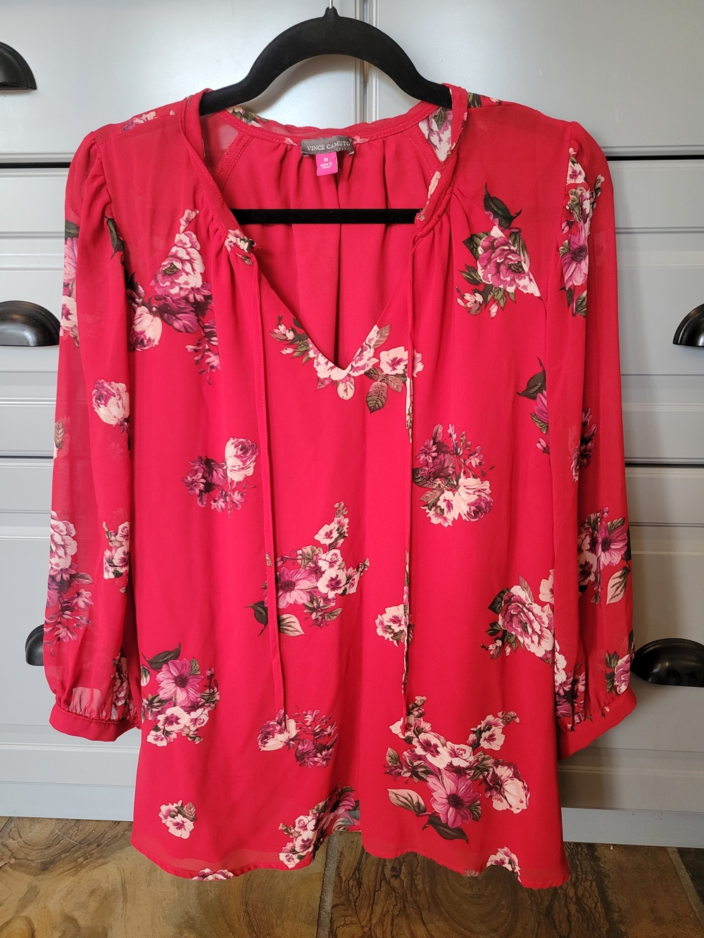 Vince Camuto Bright Red Floral Tie-Neck Blouse